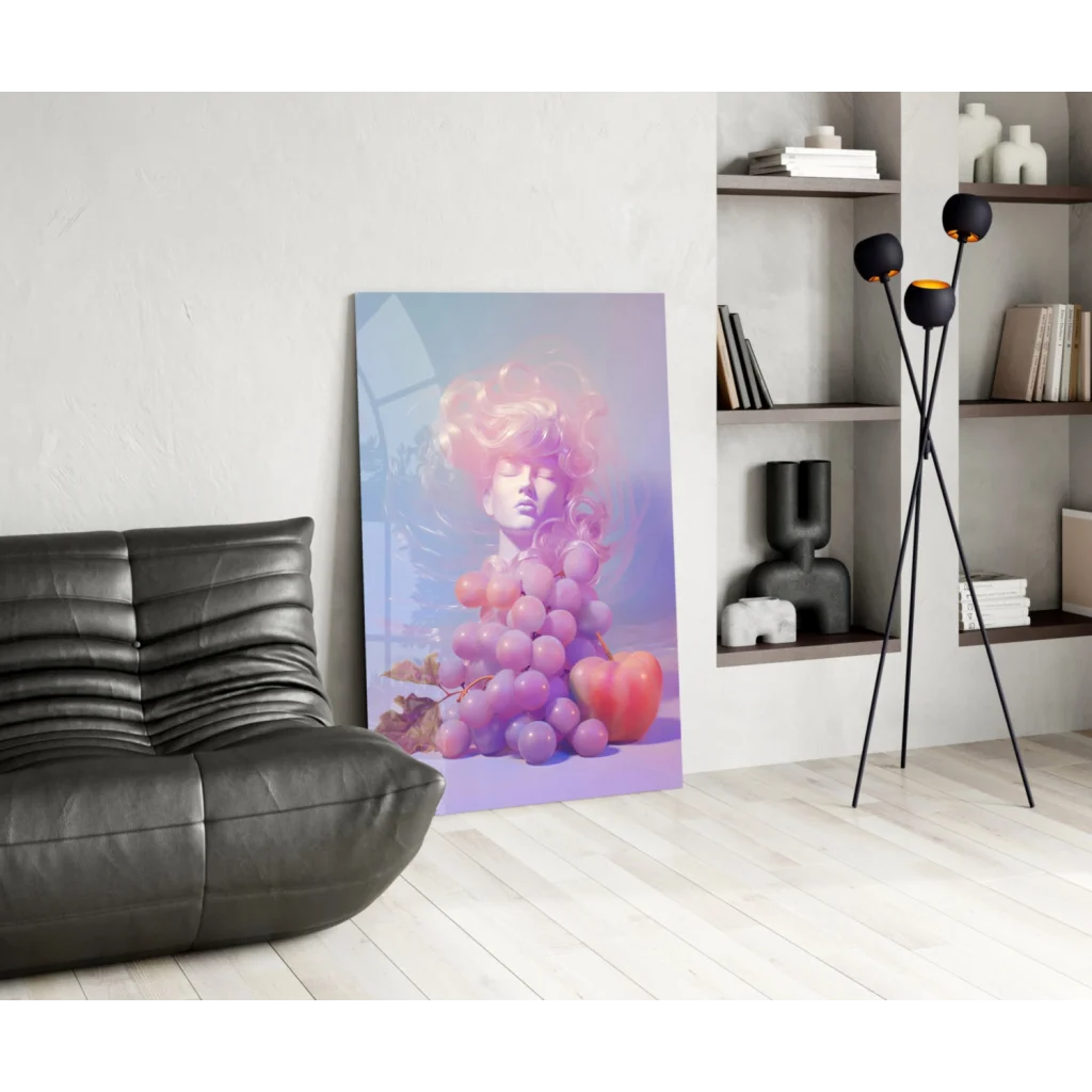 Surreal glass wall art of woman’s face from purple grapes on lavender background