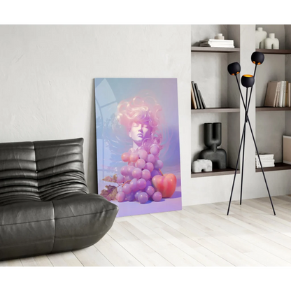 Surreal glass wall art of woman’s face from purple grapes on lavender background