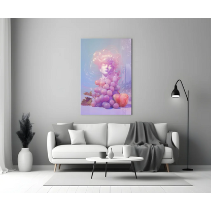 Serene glass wall art of pastel face with purple grapes and pink blossoms