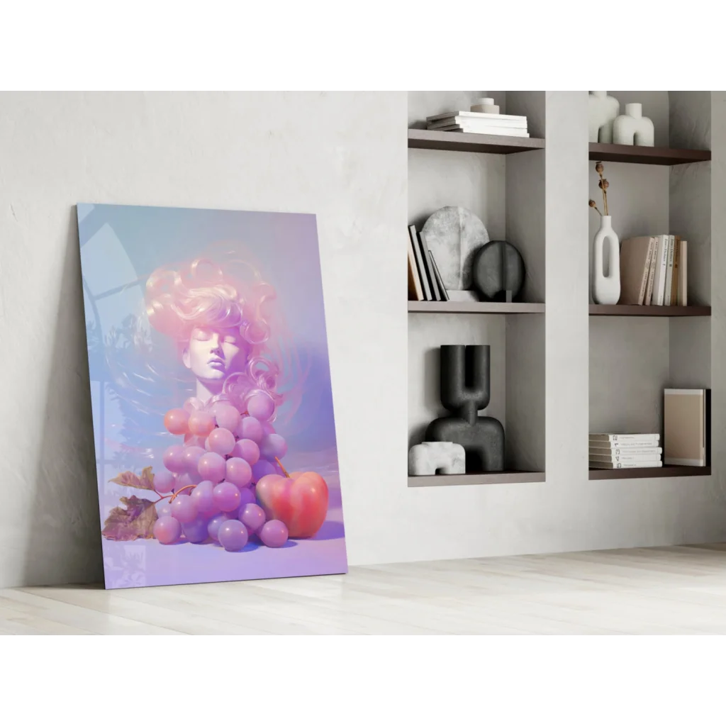Stylized purple pink glass wall art print with grape-like hair portrait