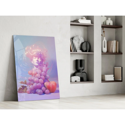 Stylized purple pink glass wall art print with grape-like hair portrait