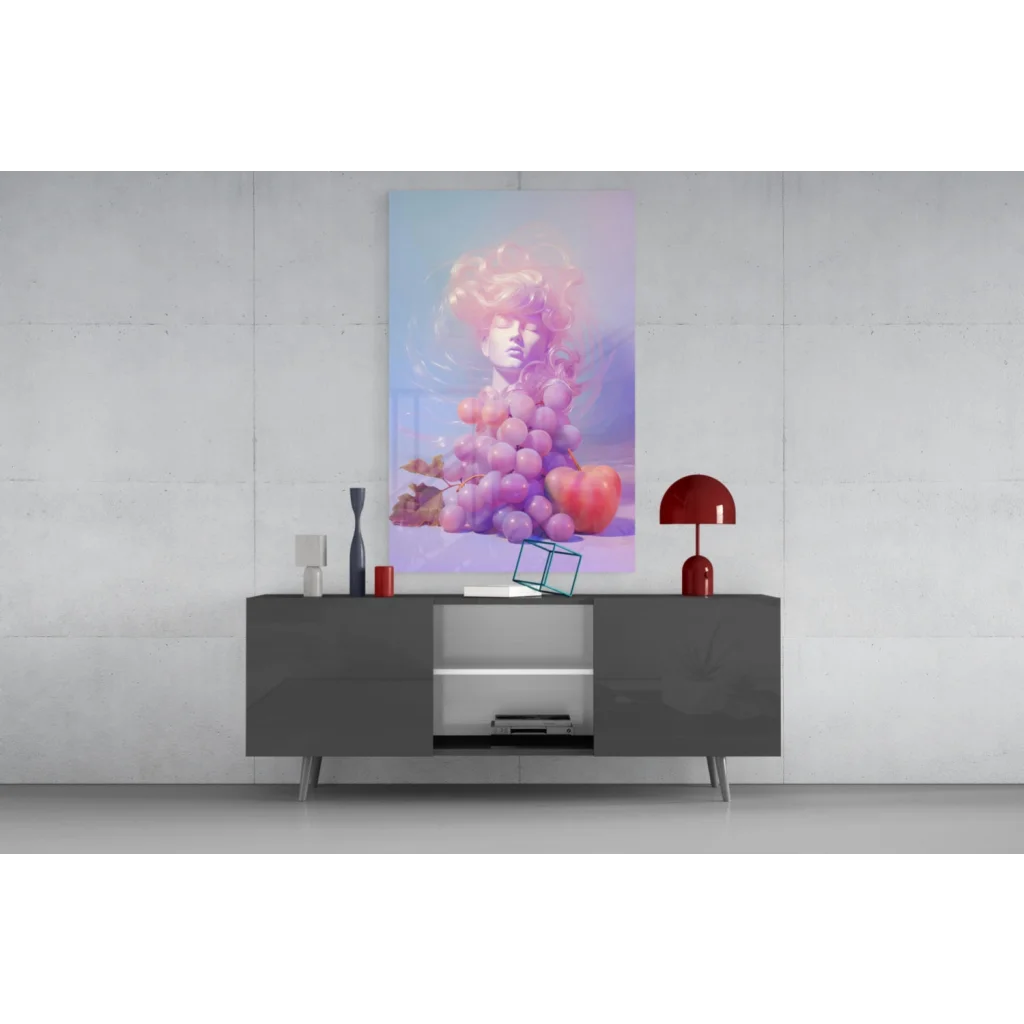 Vibrant abstract glass wall art portrait with fruit and grapes in pink hues
