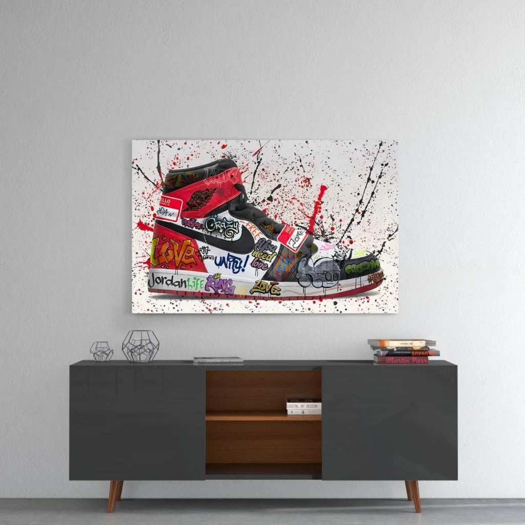 Vibrant red black Air Jordan 1 graffiti wall art canvas print