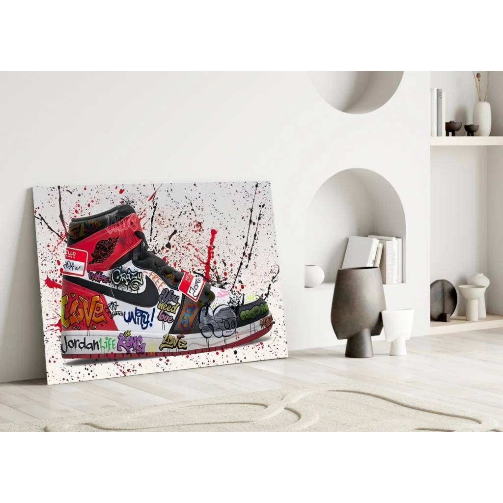 Vibrant Air Jordan 1 graffiti wall art print with red sneaker and love tags