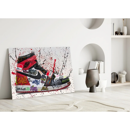 Vibrant Air Jordan 1 graffiti wall art print with red sneaker and love tags