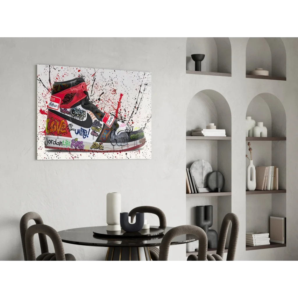 Vibrant red black Air Jordan 1 graffiti wall art print