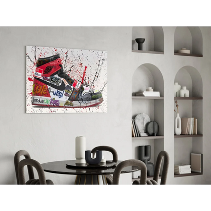 Vibrant red black Air Jordan 1 graffiti wall art print