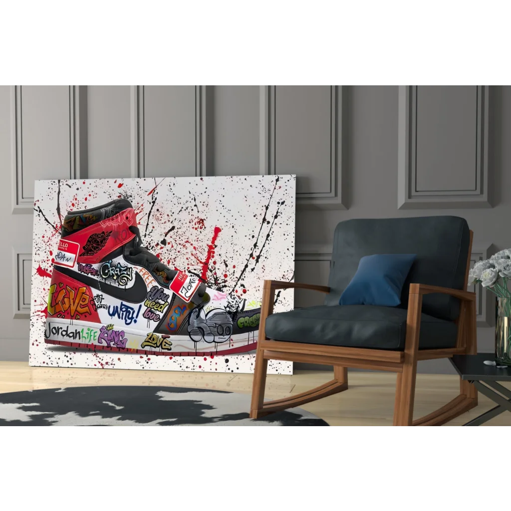 Vibrant red black Nike Air Jordan 1 graffiti wall art print