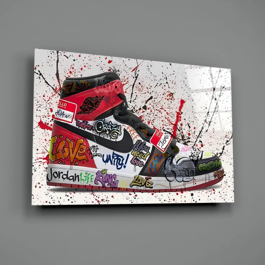 Vibrant Air Jordan 1 graffiti wall art canvas print in red black white