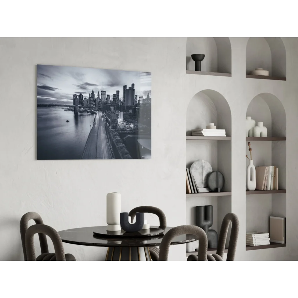 Stunning black-and-white city skyline glass wall art print on canvas