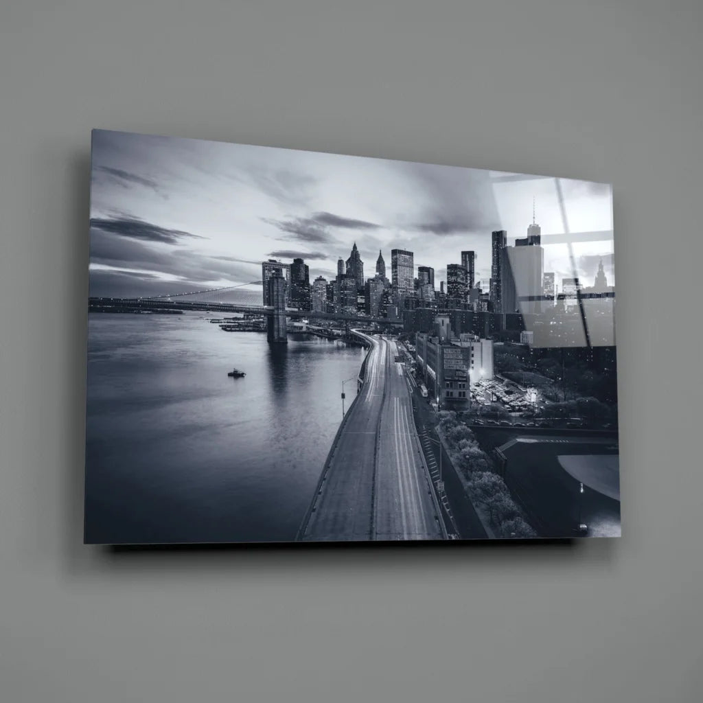 Stunning black-and-white city skyline glass wall art print on glossy acrylic panel
