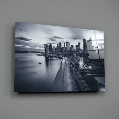 Stunning black-and-white city skyline glass wall art print on glossy acrylic panel