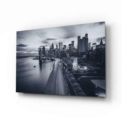 Stunning city skyline glass wall art with black-and-white print on white wall