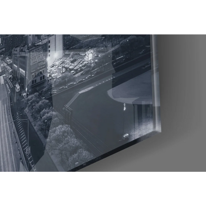 Black-and-white city street photo in stunning glass wall art print