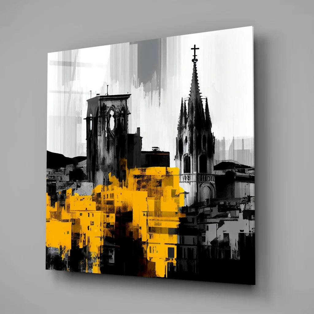 Bold urban tempered glass art with vibrant yellow brushstrokes
