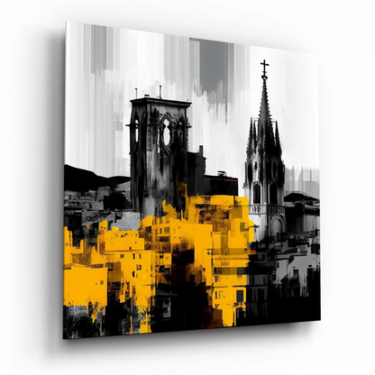 Bold urban tempered glass art with gray city brushstrokes