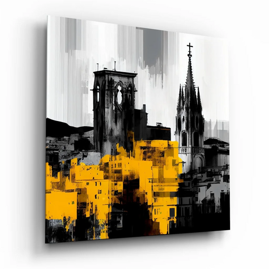 Bold urban tempered glass art with gray city brushstrokes