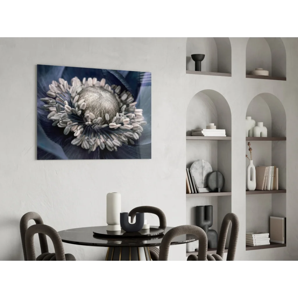 Black and white textured flower print as stunning blue poppy wall art