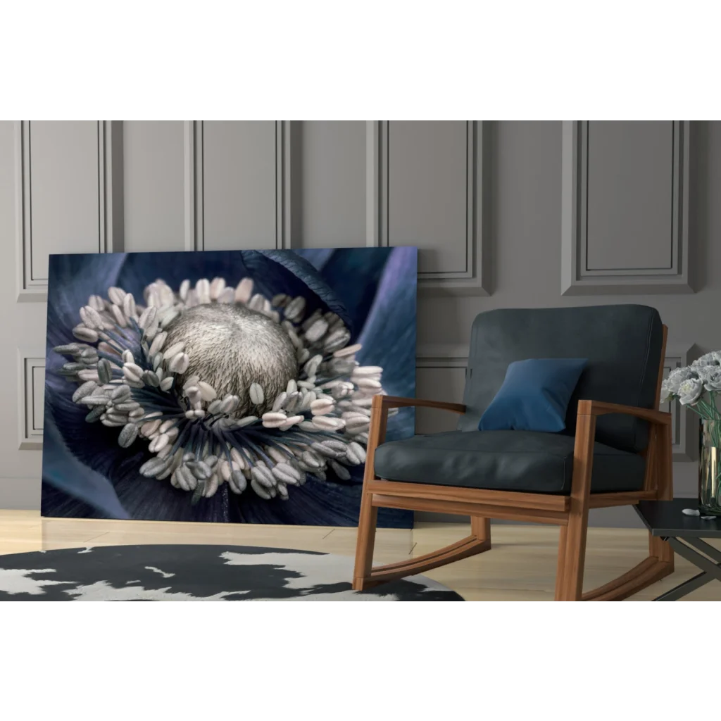 Stunning blue poppy canvas wall art with metallic silver details