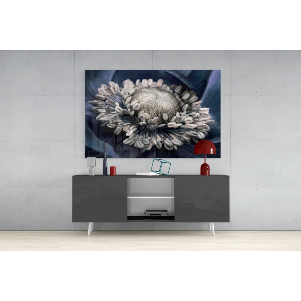 Stunning blue poppy canvas wall art with metallic silver details
