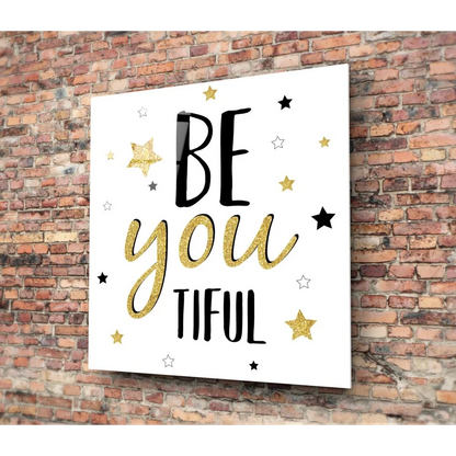 Stunning tempered glass art with be you tiful in gold glitter stars