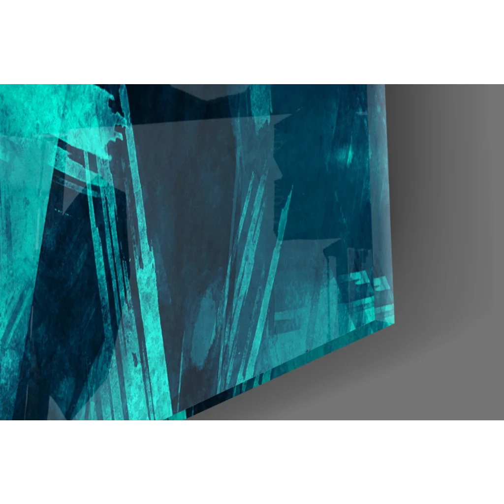 Translucent teal glass wall art panel with textured abstract design