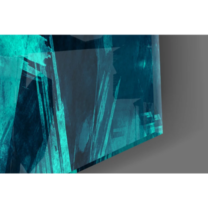 Translucent teal glass wall art panel with textured abstract design