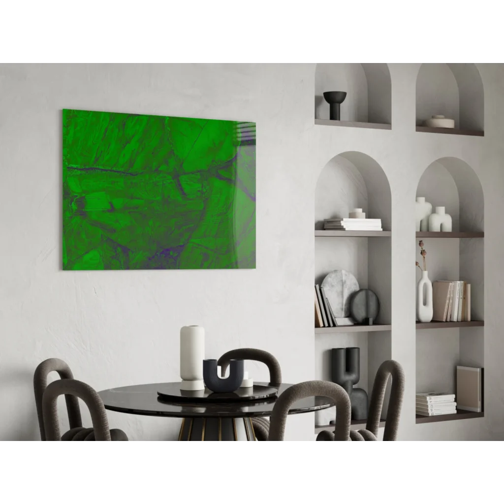 Stunning green abstract glass wall art with purple swirls on white wall