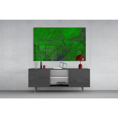 Vibrant green abstract glass wall art with purple swirls on canvas