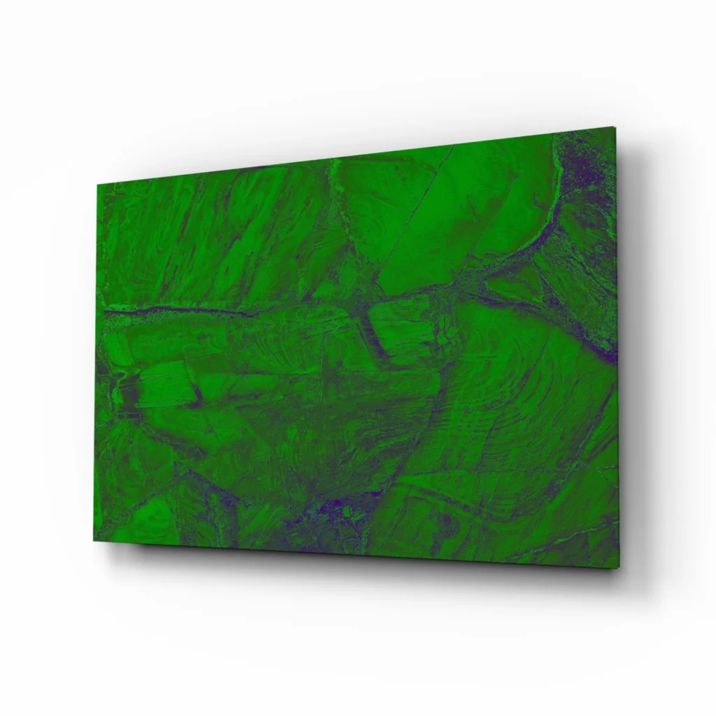 Vibrant green glass wall art with textured layers and purple swirls