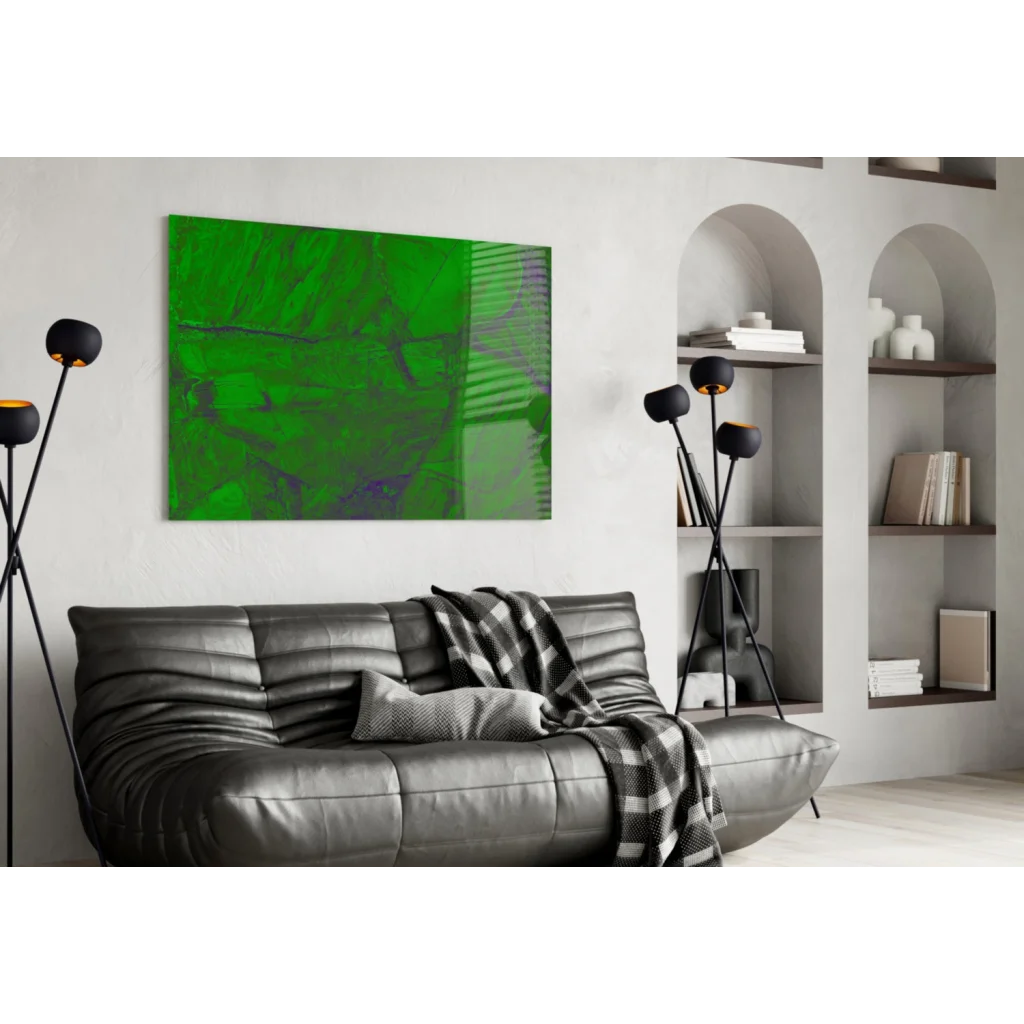 Vibrant green abstract glass wall art with purple swirls on canvas