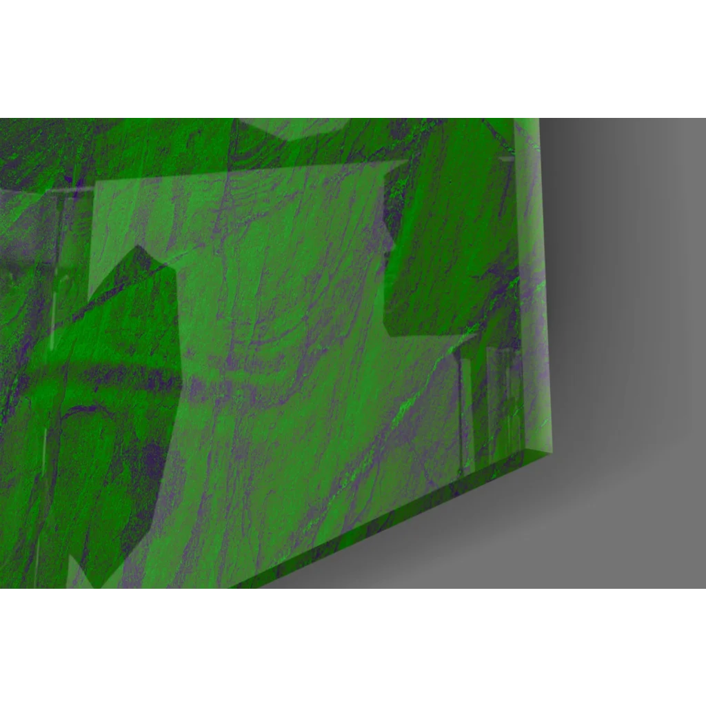 Vibrant green faceted glass wall art with purple swirls and glossy finish