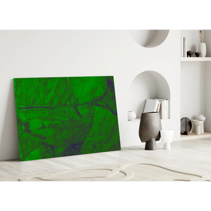 Vibrant green abstract glass wall art with textured brushstrokes and purple swirls