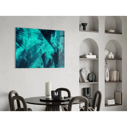 Vibrant teal abstract glass wall art with bold textured brushstrokes on white wall
