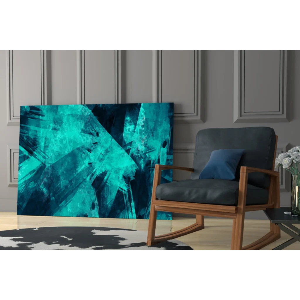 Vibrant teal abstract glass wall art print with bold brushstrokes