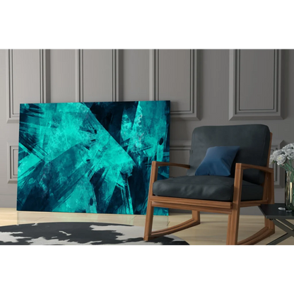 Vibrant teal abstract glass wall art print with bold brushstrokes