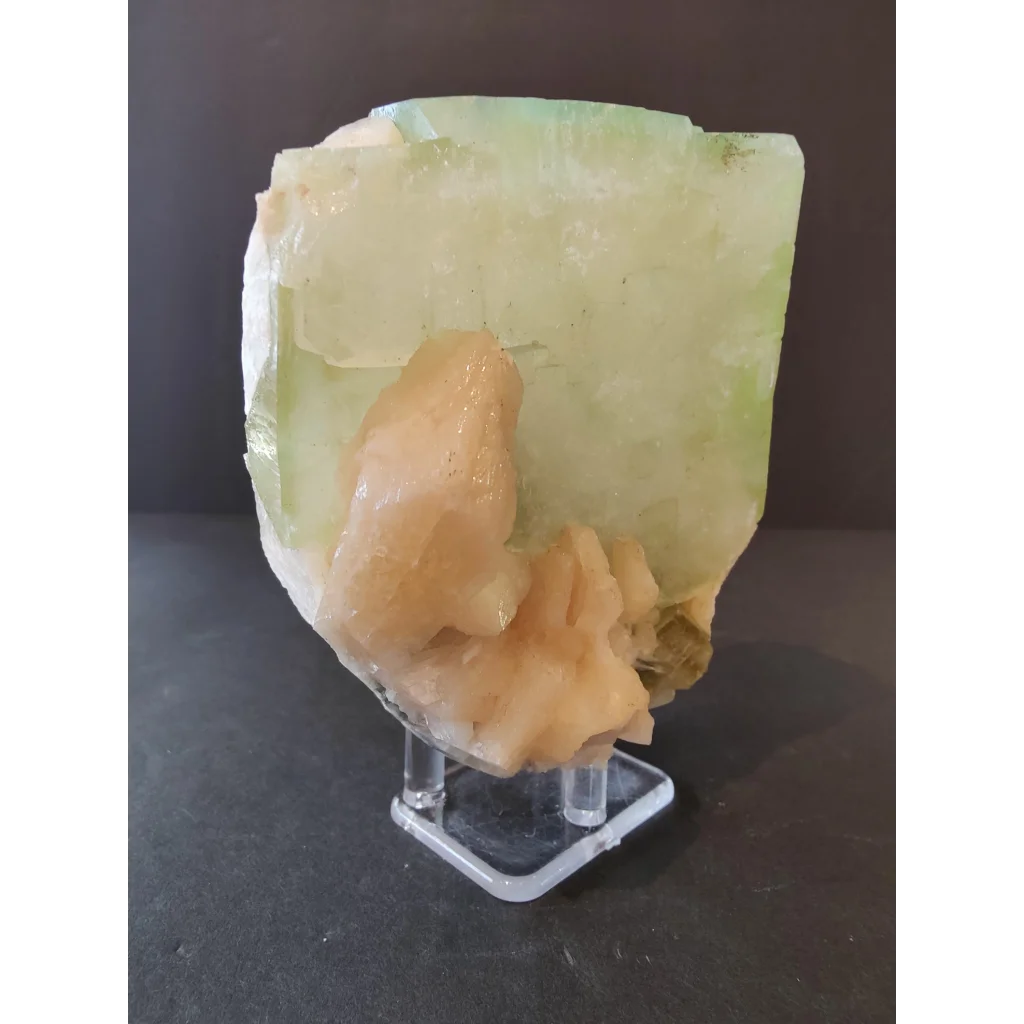 Green apophyllite cube with peach stilbite on acrylic stand, 758g