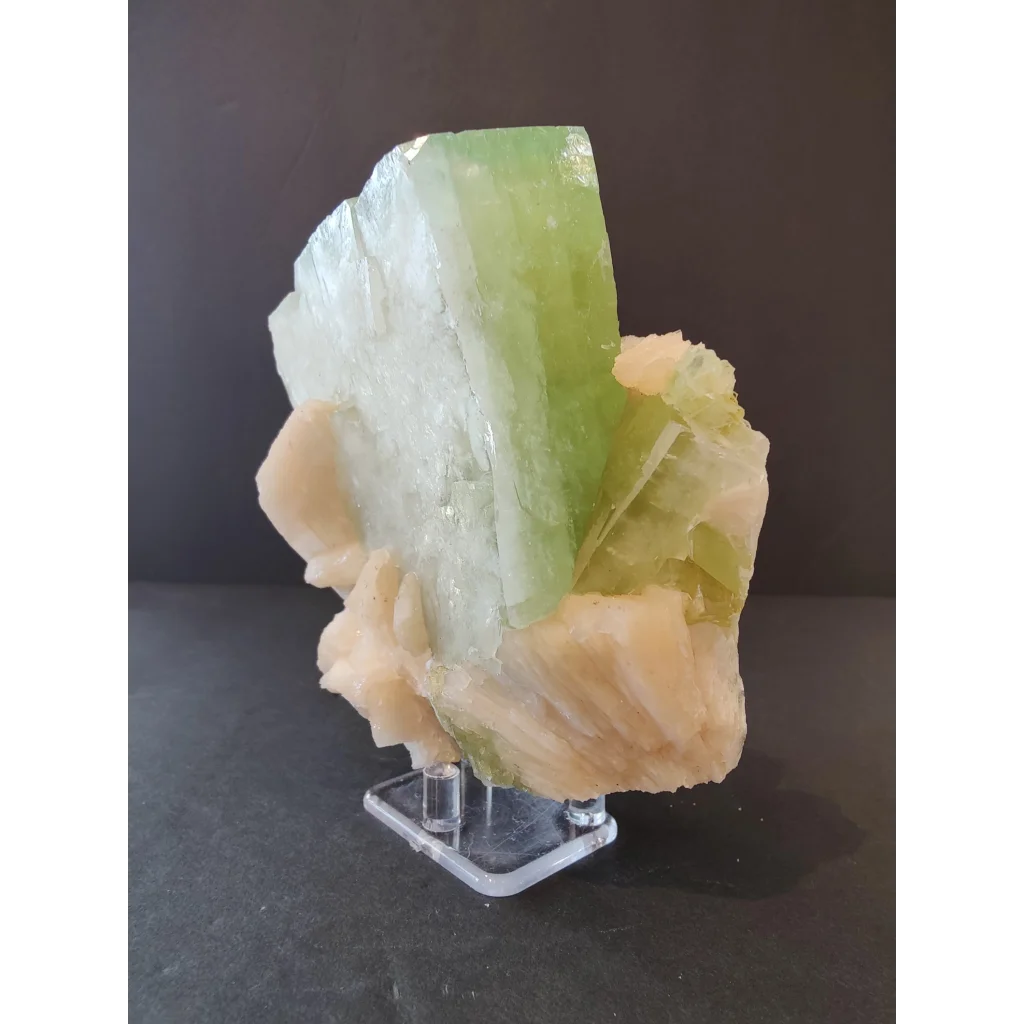 Green apophyllite cube with peach stilbite specimen, 758g
