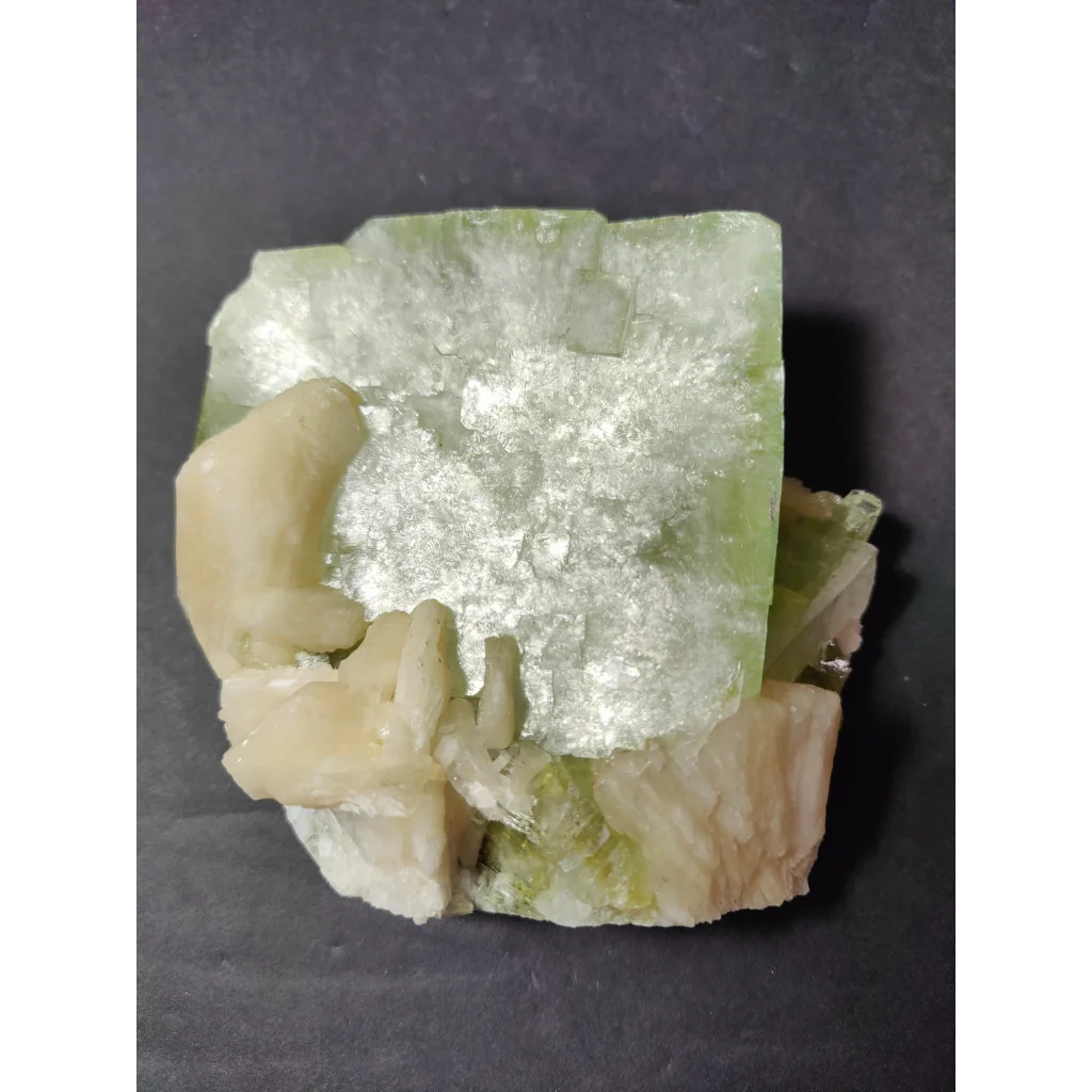 Green apophyllite cube with peach stilbite specimen, 758g translucent crystal