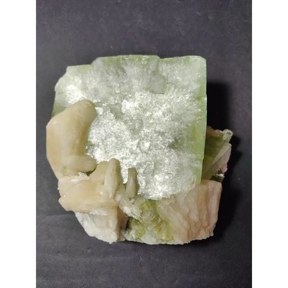 Green apophyllite cube with peach stilbite specimen, 758g translucent crystal