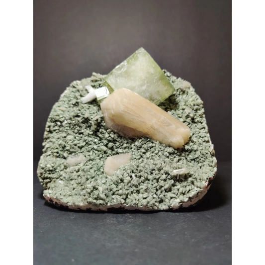 Green apophyllite cubes with peach stilbite on heulandite, 1182g specimen