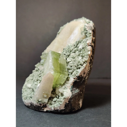 Green apophyllite cubes with peach stilbite on heulandite specimen