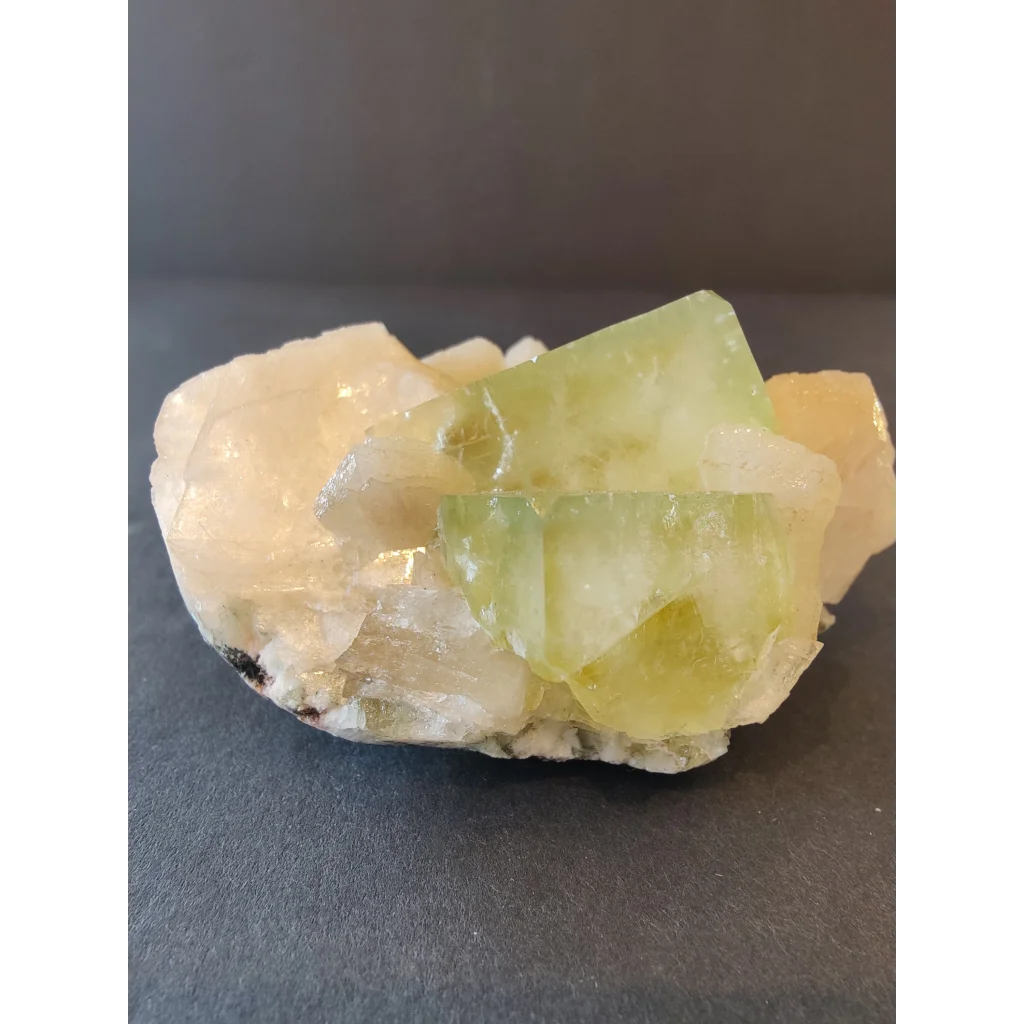 Green apophyllite cubes with peach stilbite specimen, 157g, translucent crystalline facets