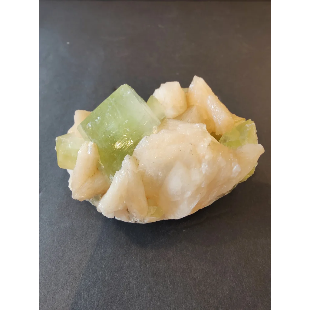 Green apophyllite cubes with peach stilbite specimen, 322g