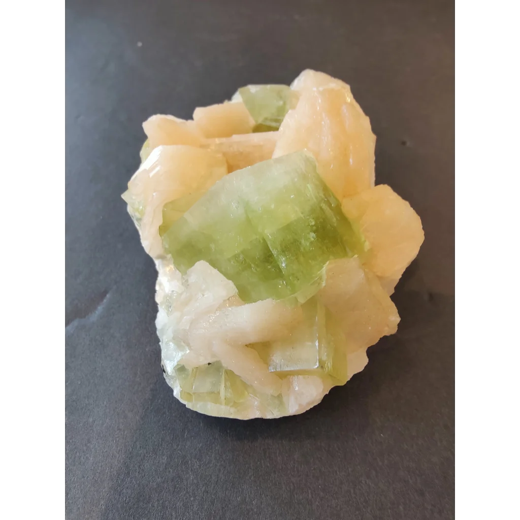 Green apophyllite cubes with peach stilbite specimen 322g