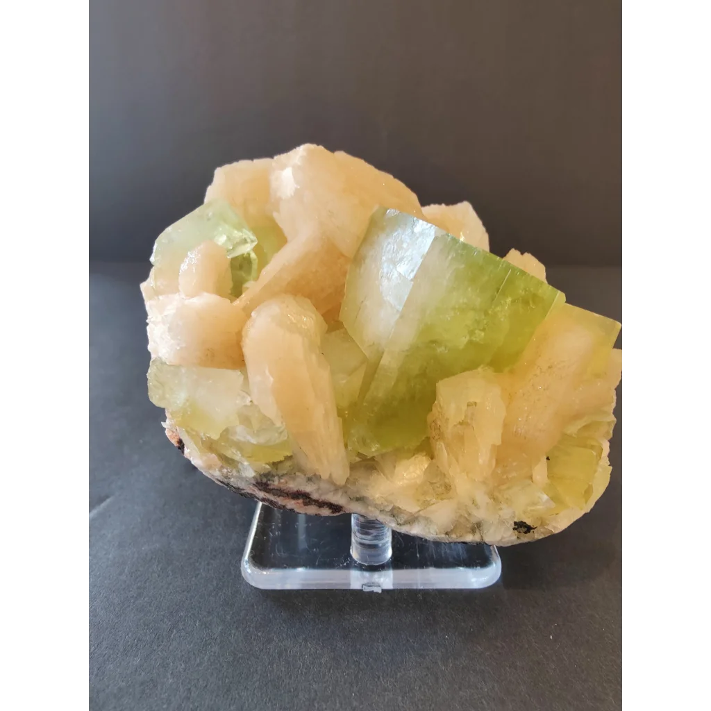 Green apophyllite cubes with fluorite on acrylic stand, 322g