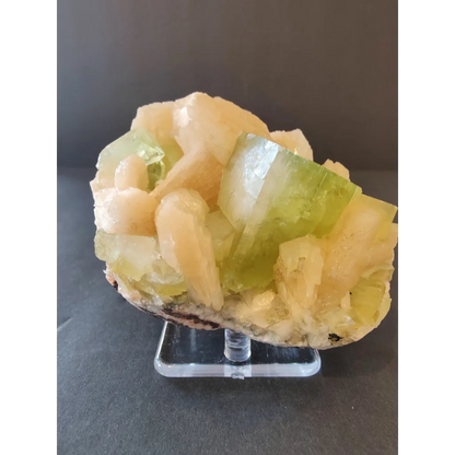 Green apophyllite cubes with fluorite on acrylic stand, 322g
