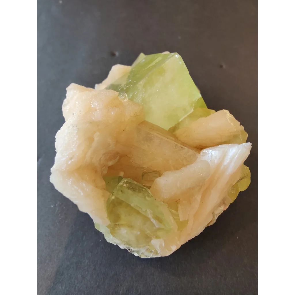 Green apophyllite cubes with peach stilbite specimen 322g