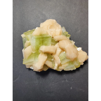 Green apophyllite cubes with peach stilbite specimen, 449g translucent crystals