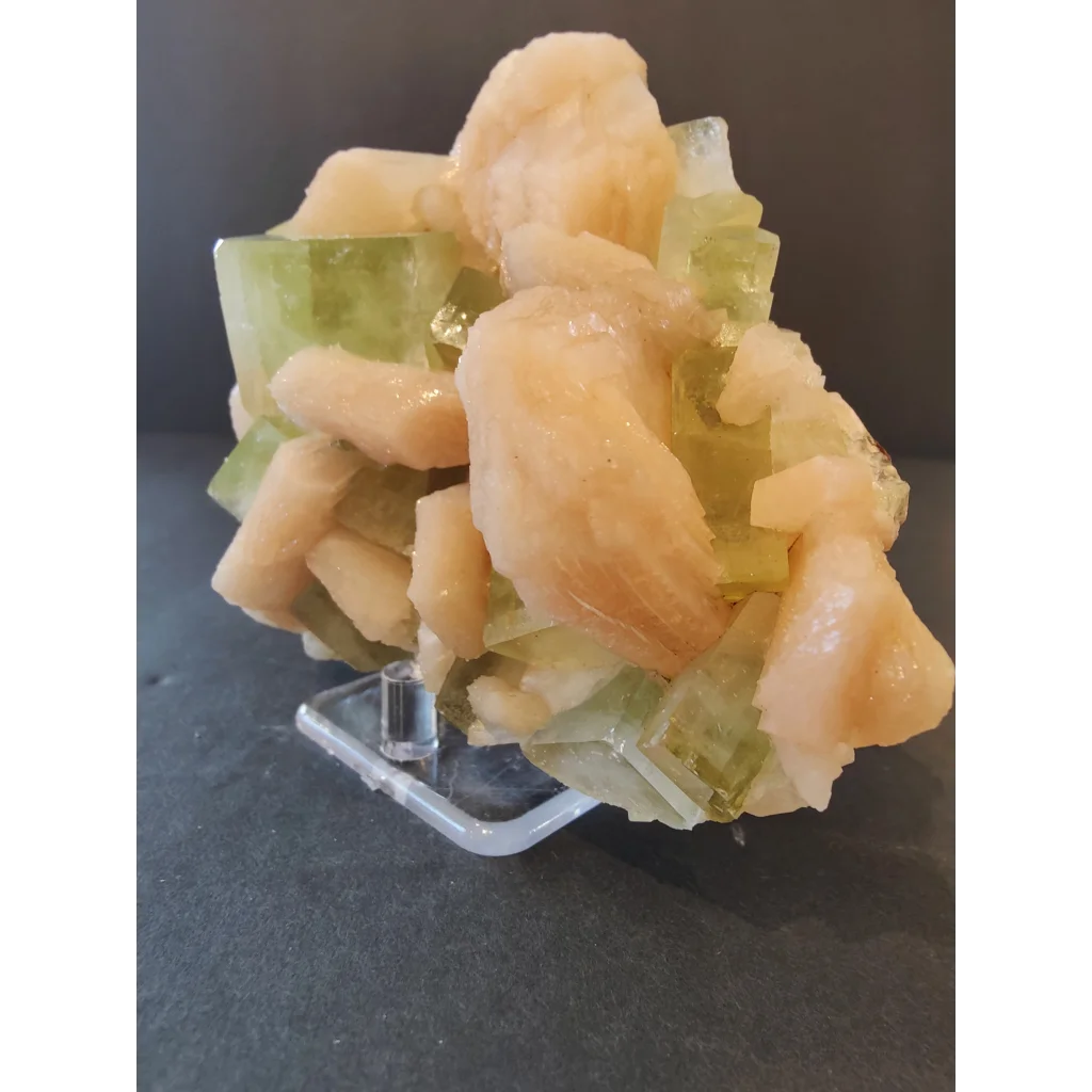 Green apophyllite cubes with peach stilbite specimen, 449g translucent crystals